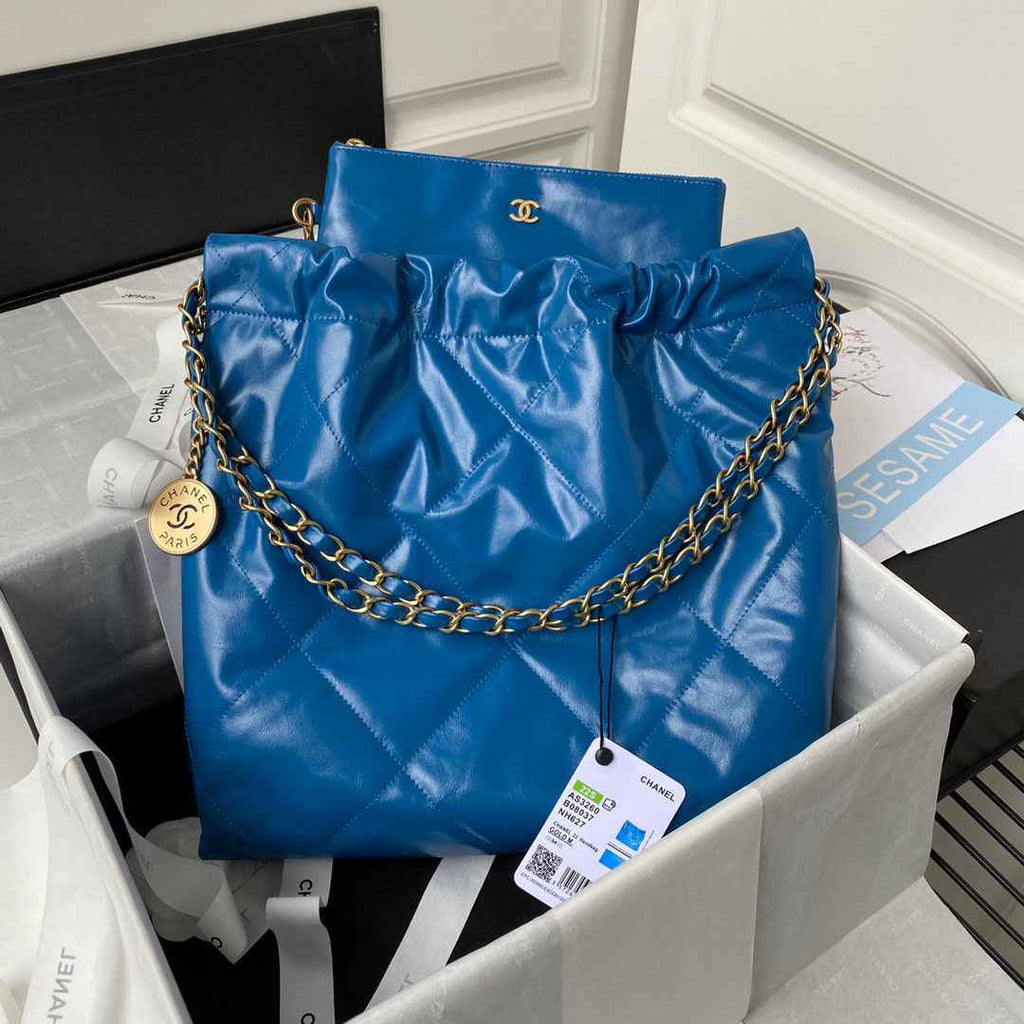 Chanel 22 Small Handbag AS3260 Shiny Calfskin Gold-Tone Metal Blue