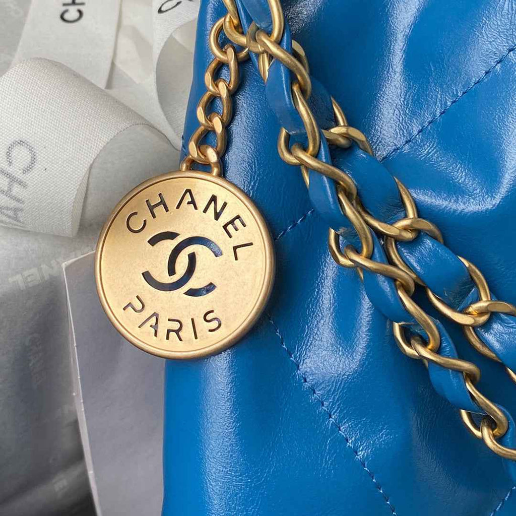 Chanel 22 Small Handbag AS3260 Shiny Calfskin Gold-Tone Metal Blue