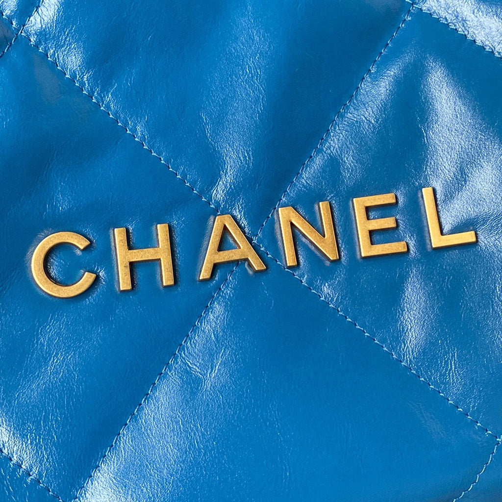 Chanel 22 Small Handbag AS3260 Shiny Calfskin Gold-Tone Metal Blue
