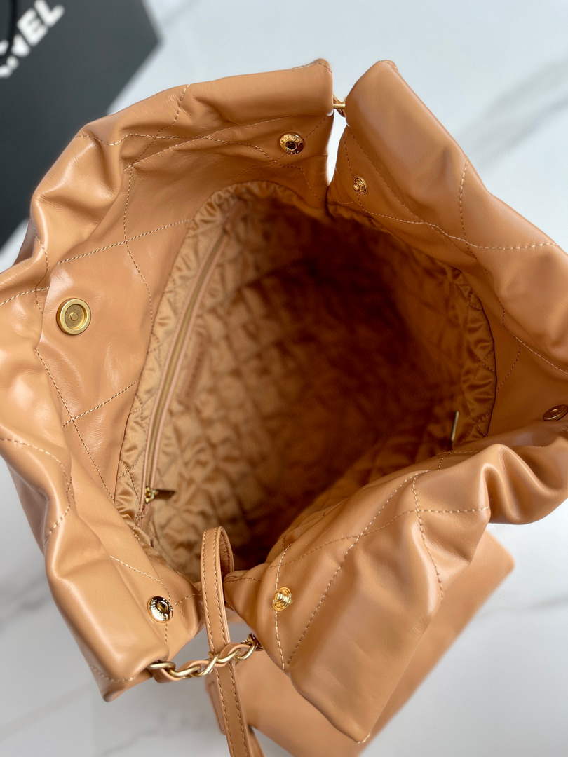 Chanel 22 Small Handbag AS3260 Shiny Calfskin Gold-Tone Metal Camel