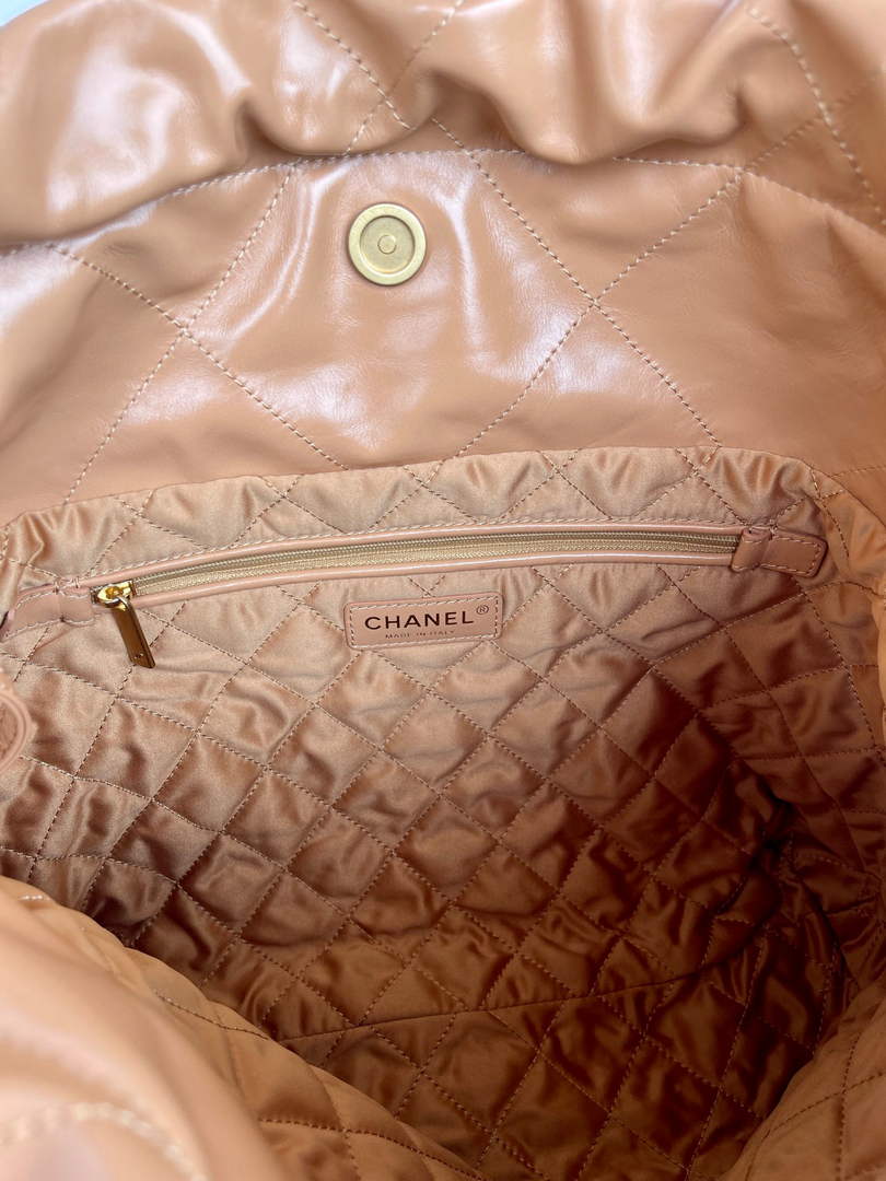 Chanel 22 Small Handbag AS3260 Shiny Calfskin Gold-Tone Metal Camel