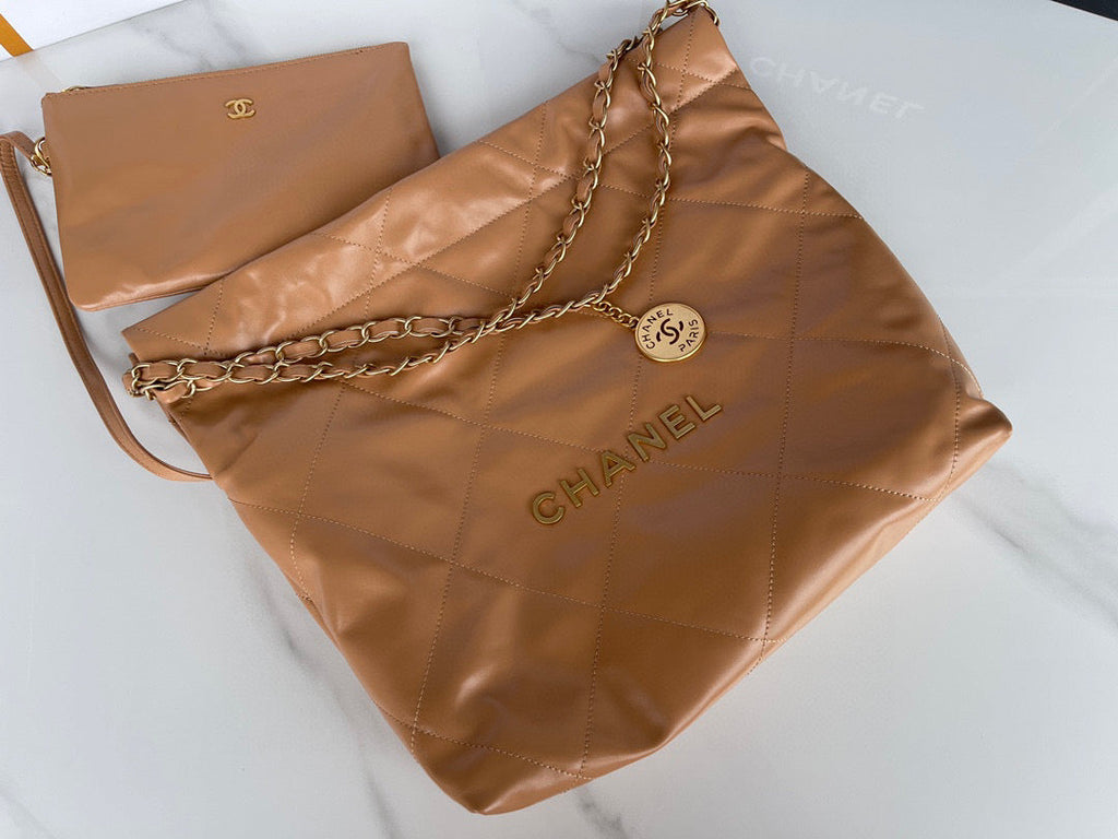 Chanel 22 Small Handbag AS3260 Shiny Calfskin Gold-Tone Metal Camel