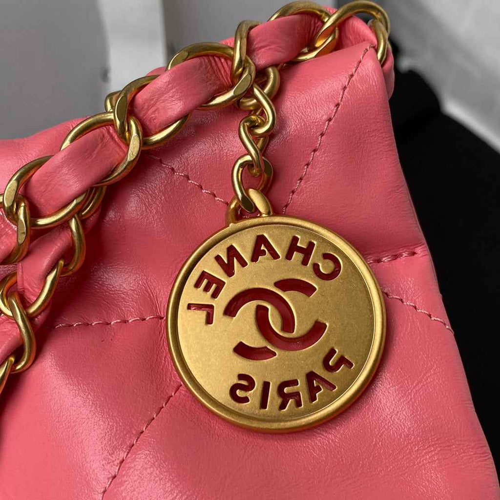 Chanel 22 Small Handbag AS3260 Shiny Calfskin Gold-Tone Metal Coral Pink