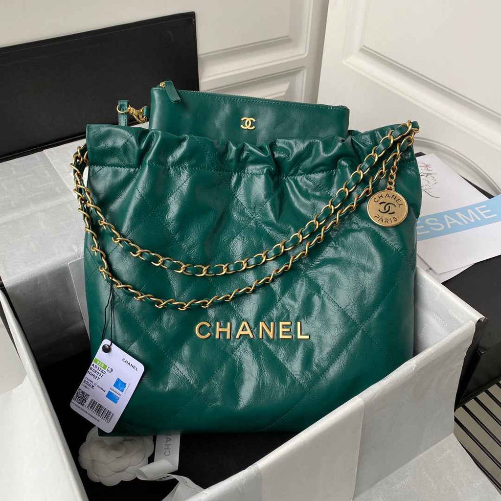 Chanel 22 Small Handbag AS3260 Shiny Calfskin Gold-Tone Metal Dark Green
