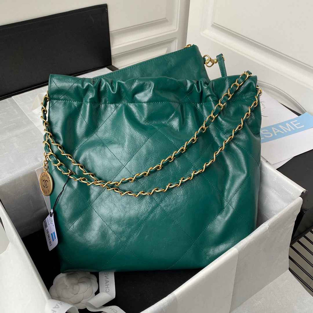 Chanel 22 Small Handbag AS3260 Shiny Calfskin Gold-Tone Metal Dark Green