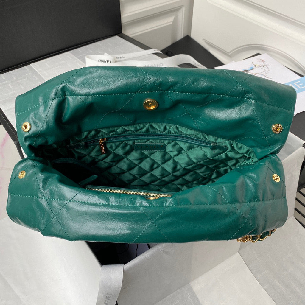 Chanel 22 Small Handbag AS3260 Shiny Calfskin Gold-Tone Metal Dark Green