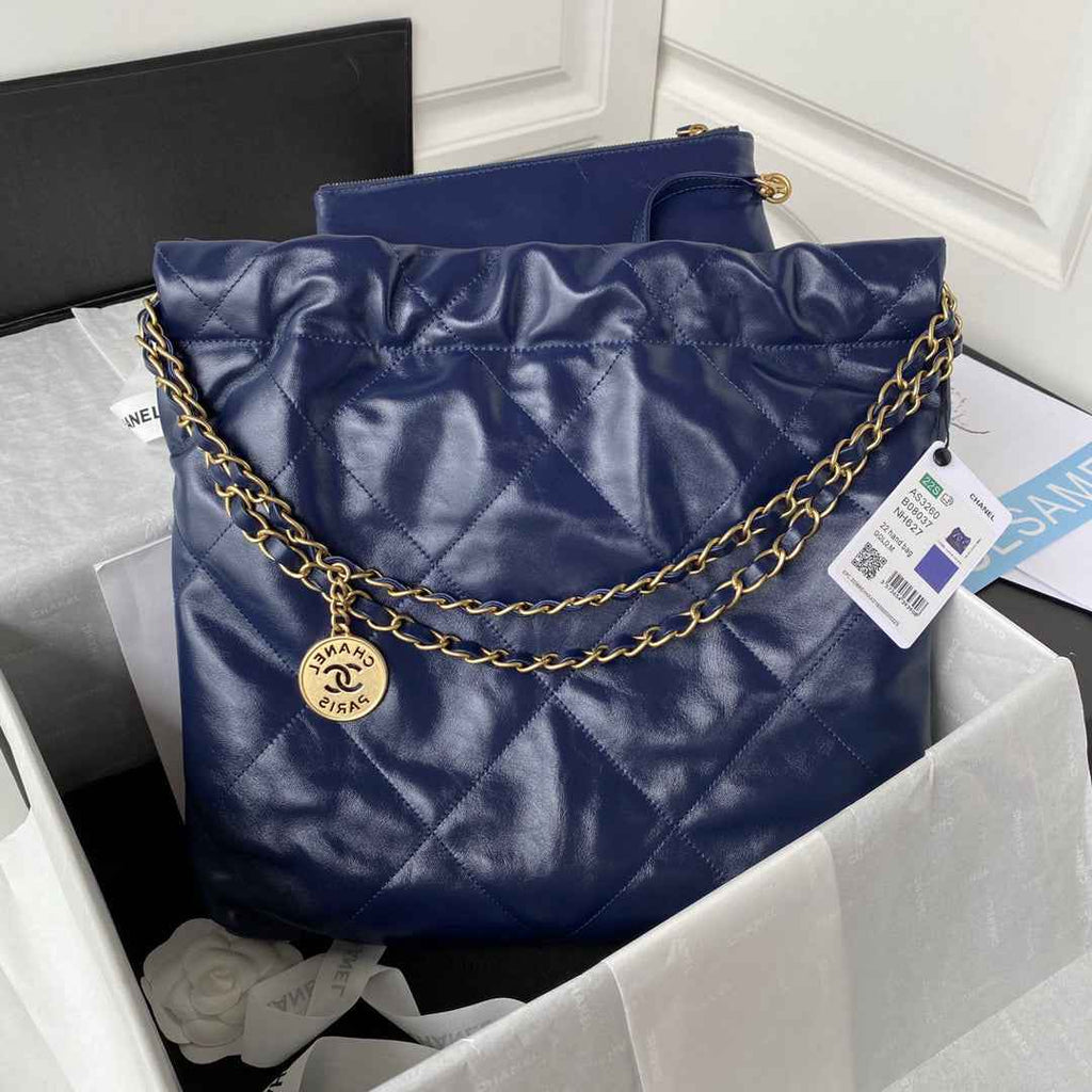 Chanel 22 Small Handbag AS3260 Shiny Calfskin Gold-Tone Metal Navy Blue