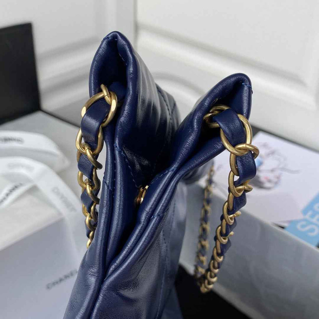 Chanel 22 Small Handbag AS3260 Shiny Calfskin Gold-Tone Metal Navy Blue