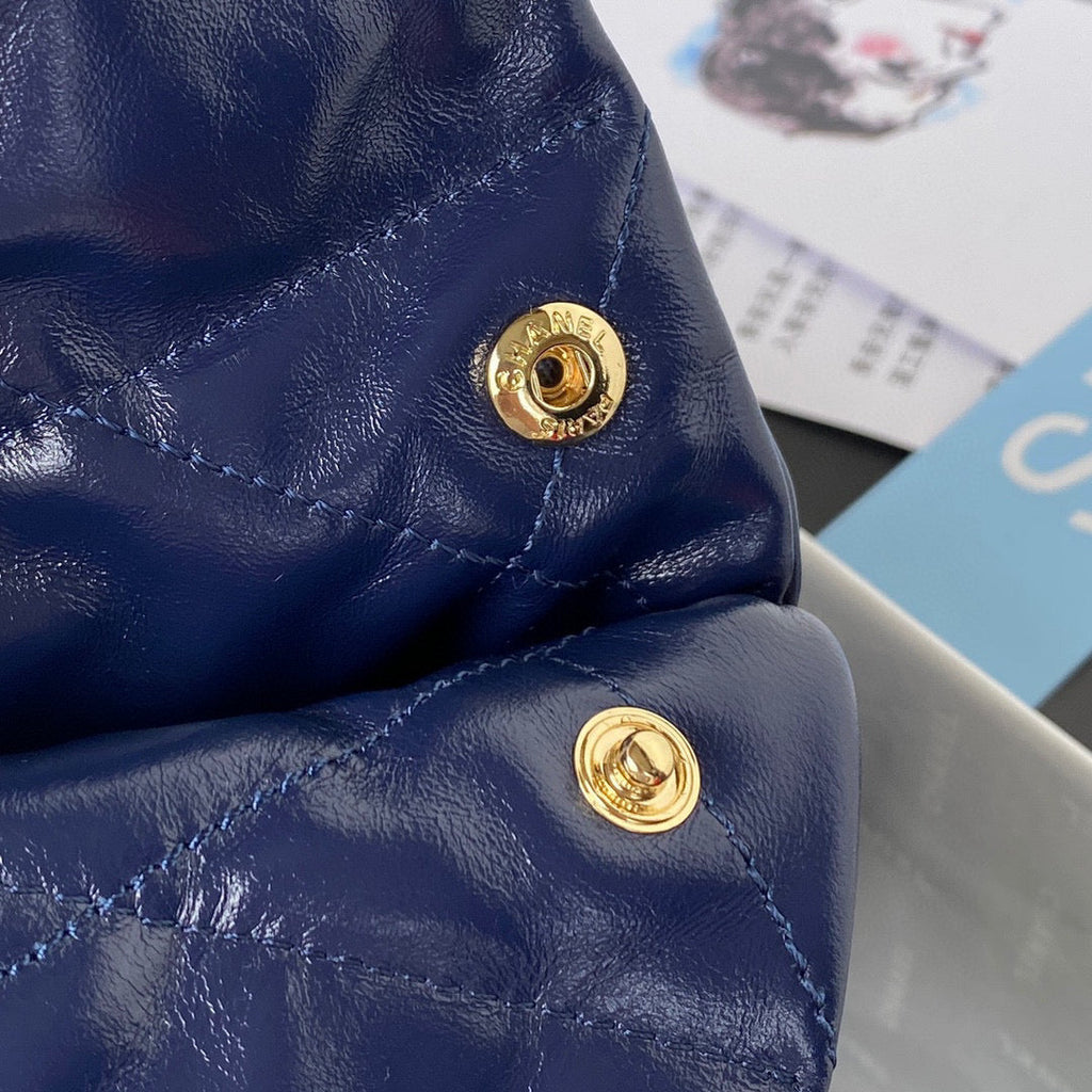 Chanel 22 Small Handbag AS3260 Shiny Calfskin Gold-Tone Metal Navy Blue