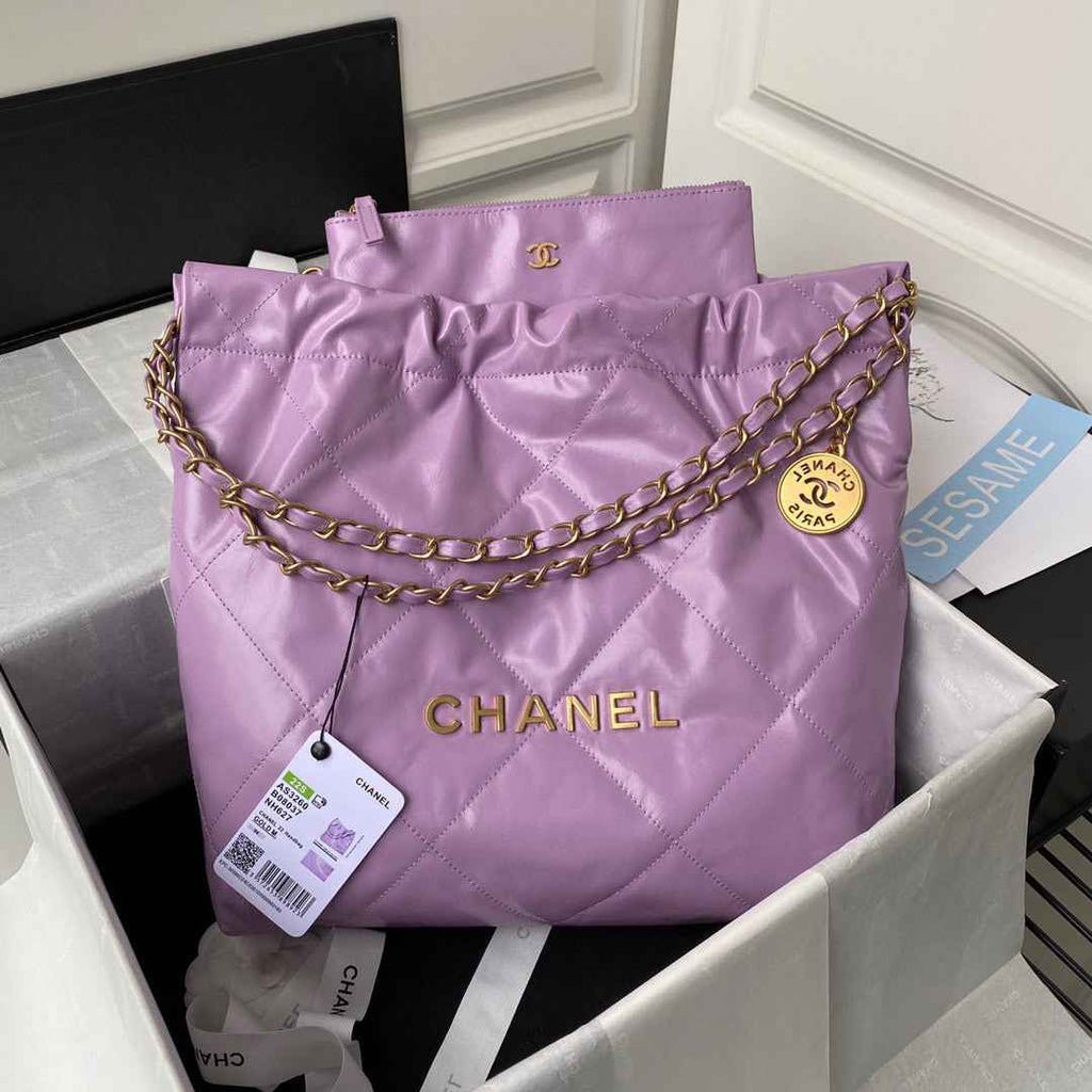 Chanel 22 Small Handbag AS3260 Shiny Calfskin Gold-Tone Metal Purple