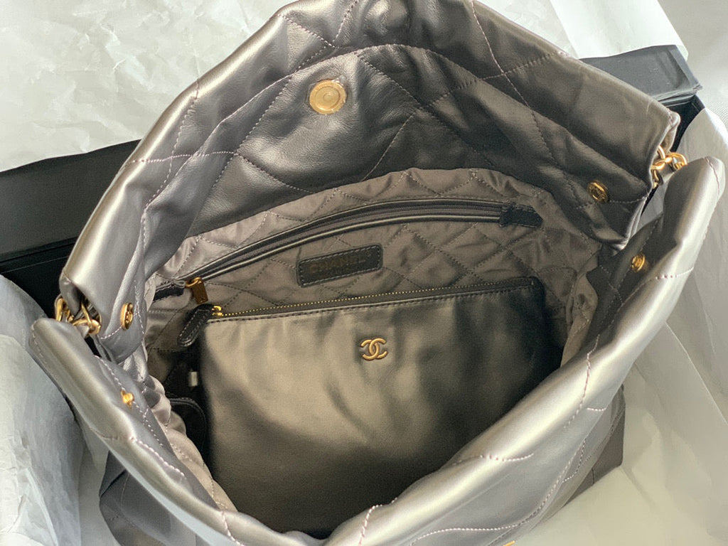 Chanel 22 Small Handbag AS3260 Shiny Calfskin Gold-Tone Metal Ruthenium