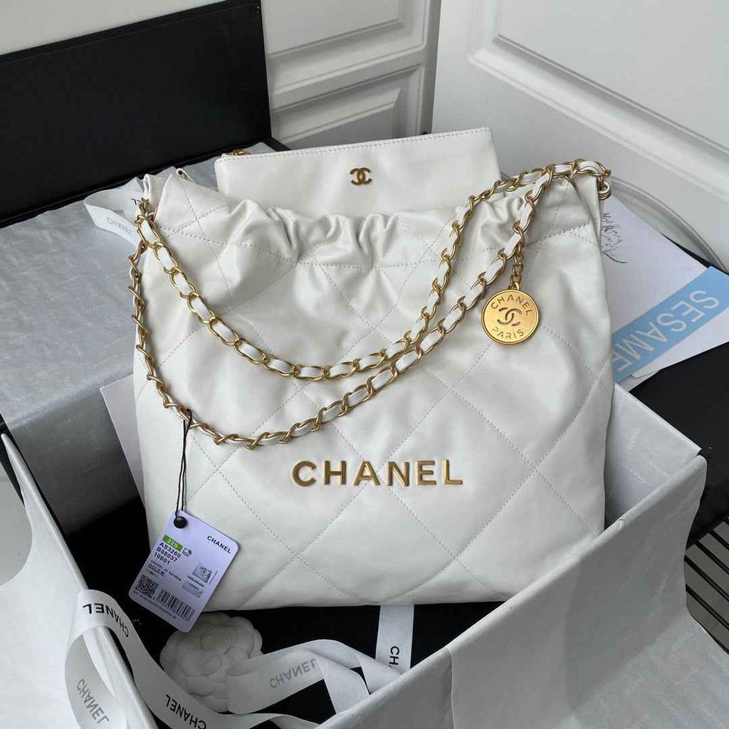 Chanel 22 Small Handbag AS3260 Shiny Calfskin Gold-Tone Metal White Logo Gold