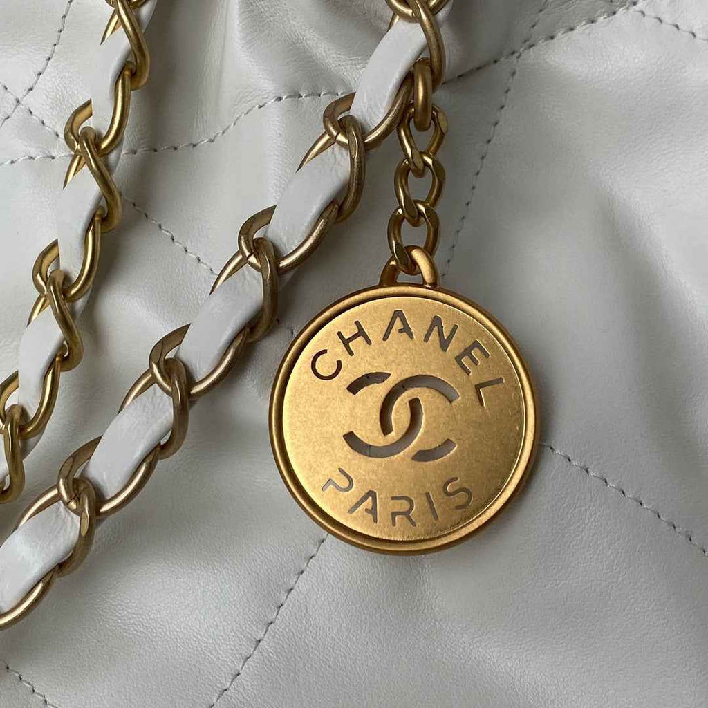 Chanel 22 Small Handbag AS3260 Shiny Calfskin Gold-Tone Metal White Logo Gold