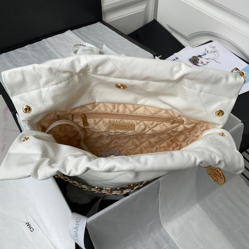 Chanel 22 Small Handbag AS3260 Shiny Calfskin Gold-Tone Metal White Logo Gold