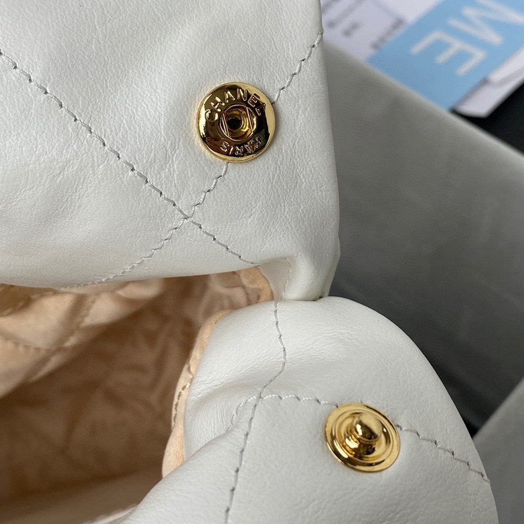 Chanel 22 Small Handbag AS3260 Shiny Calfskin Gold-Tone Metal White Logo Gold