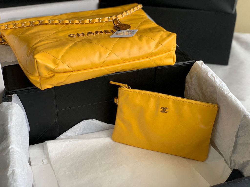 Chanel 22 Small Handbag AS3260 Shiny Calfskin Gold-Tone Metal Yellow