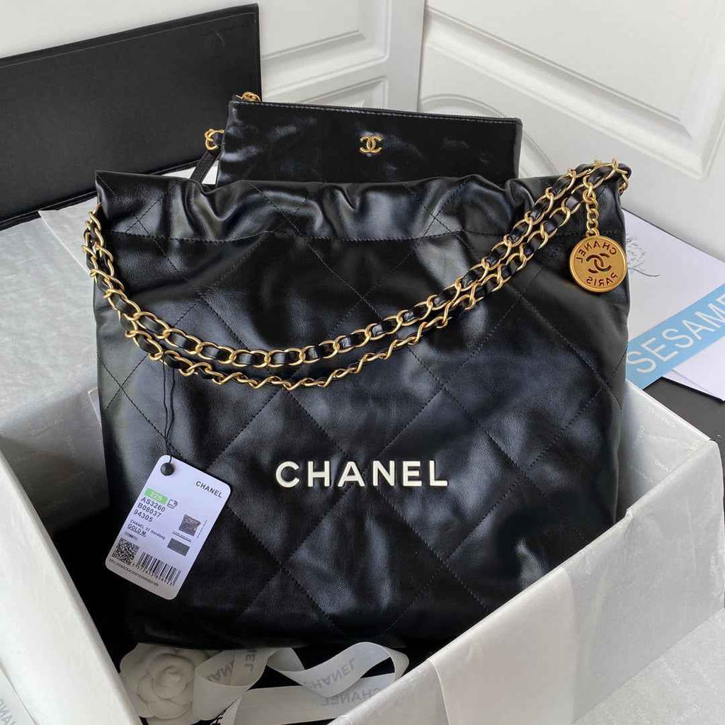 Chanel 22 Small Handbag AS3260 Shiny Calfskin Lacquered Metal Black Logo White