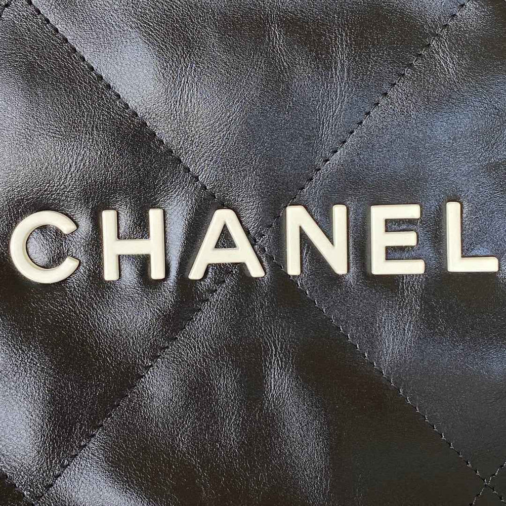Chanel 22 Small Handbag AS3260 Shiny Calfskin Lacquered Metal Black Logo White