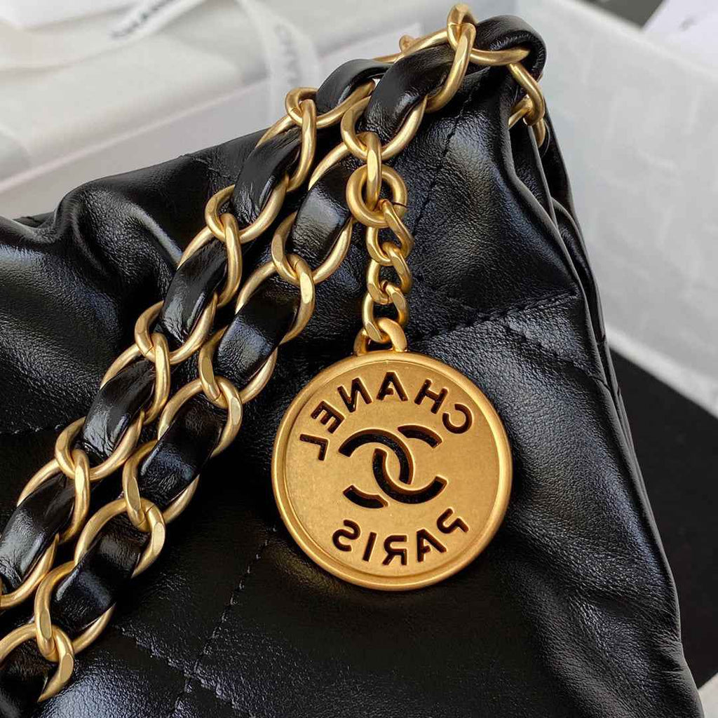 Chanel 22 Small Handbag AS3260 Shiny Calfskin Lacquered Metal Black Logo White