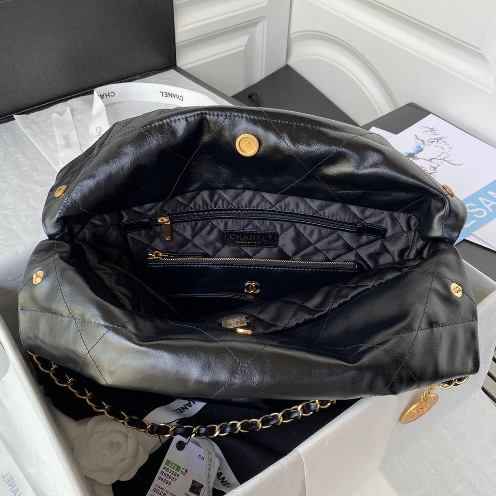 Chanel 22 Small Handbag AS3260 Shiny Calfskin Lacquered Metal Black Logo White