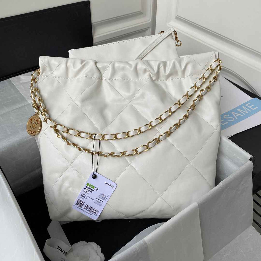 Chanel 22 Small Handbag AS3260 Shiny Calfskin Lacquered Metal White Logo black