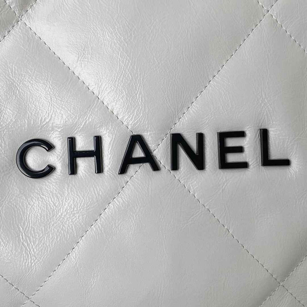 Chanel 22 Small Handbag AS3260 Shiny Calfskin Lacquered Metal White Logo black