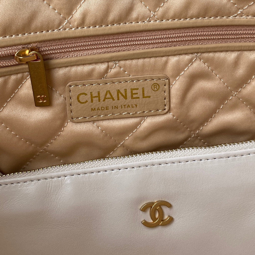 Chanel 22 Small Handbag AS3260 Shiny Calfskin Lacquered Metal White Logo black