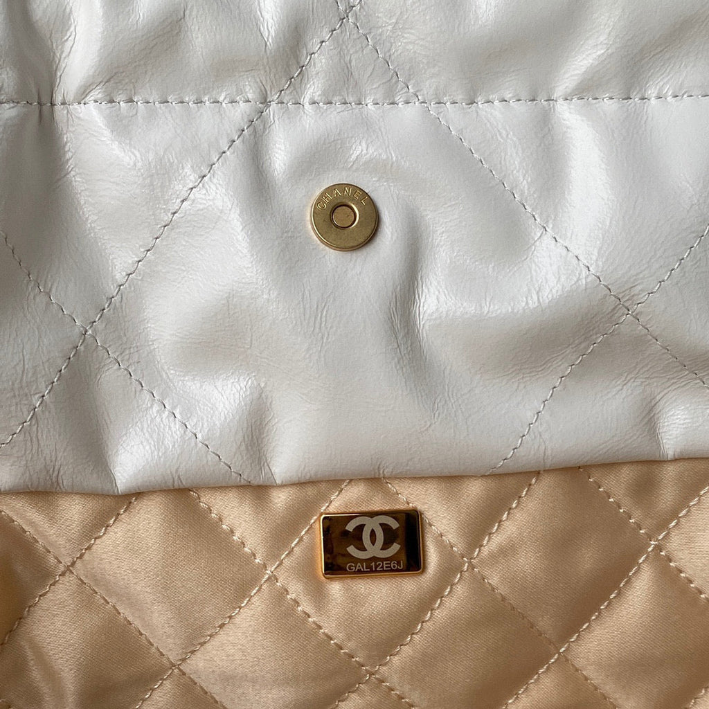 Chanel 22 Small Handbag AS3260 Shiny Calfskin Lacquered Metal White Logo black