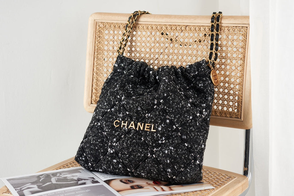 Chanel 22 Handbag AS3260 Tweed Gold Metal Black Burgundy