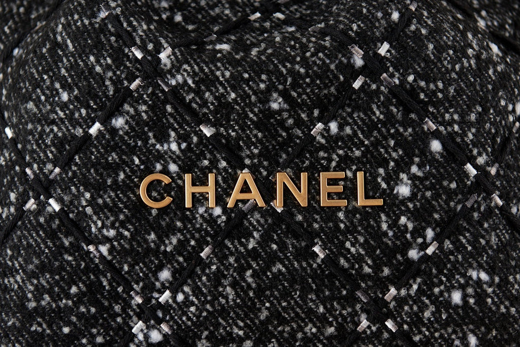 Chanel 22 Handbag AS3260 Tweed Gold Metal Black Burgundy