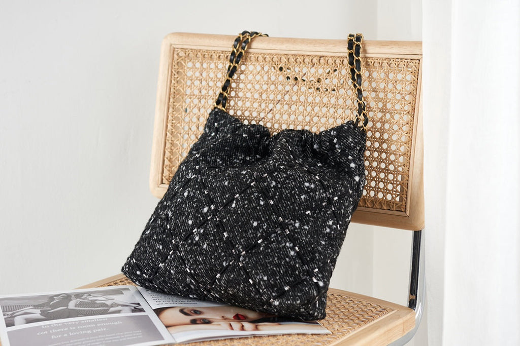 Chanel 22 Handbag AS3260 Tweed Gold Metal Black Burgundy