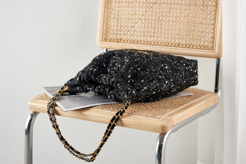 Chanel 22 Handbag AS3260 Tweed Gold Metal Black Burgundy