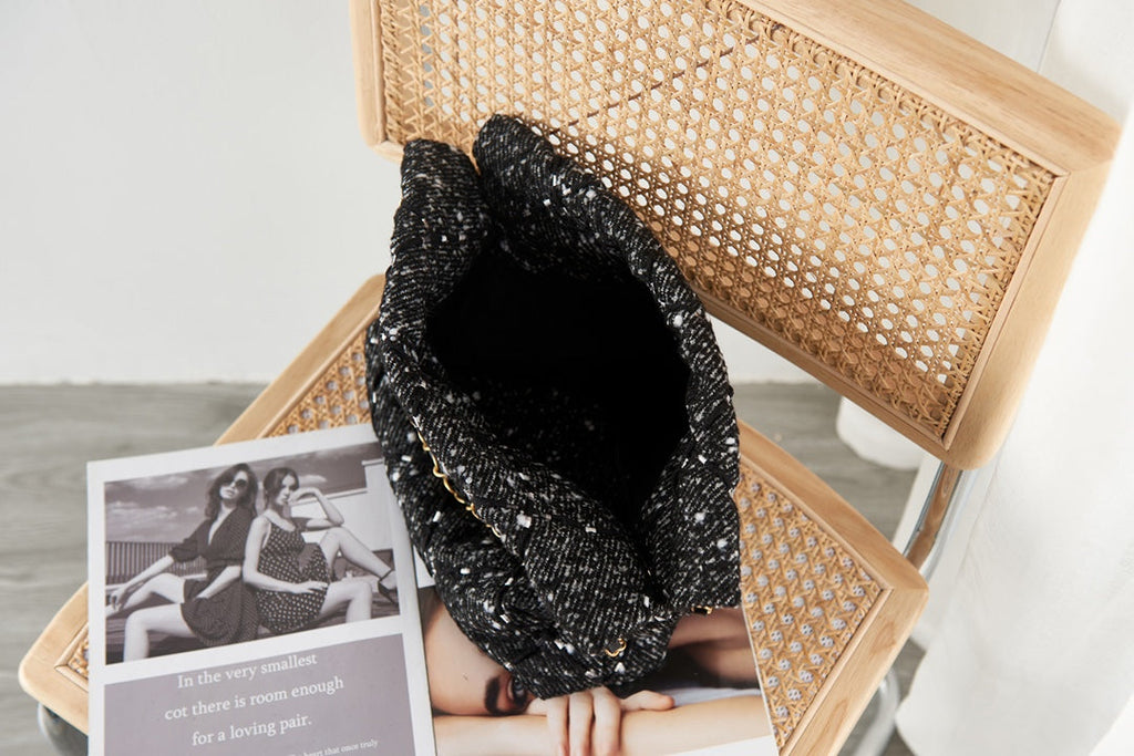 Chanel 22 Handbag AS3260 Tweed Gold Metal Black Burgundy