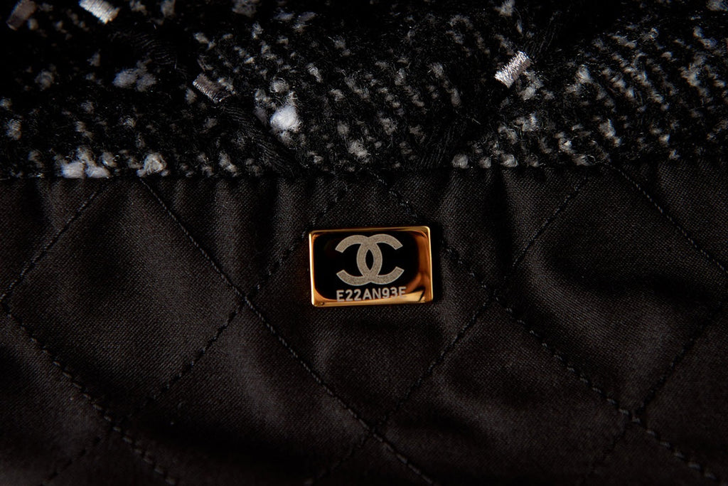 Chanel 22 Handbag AS3260 Tweed Gold Metal Black Burgundy