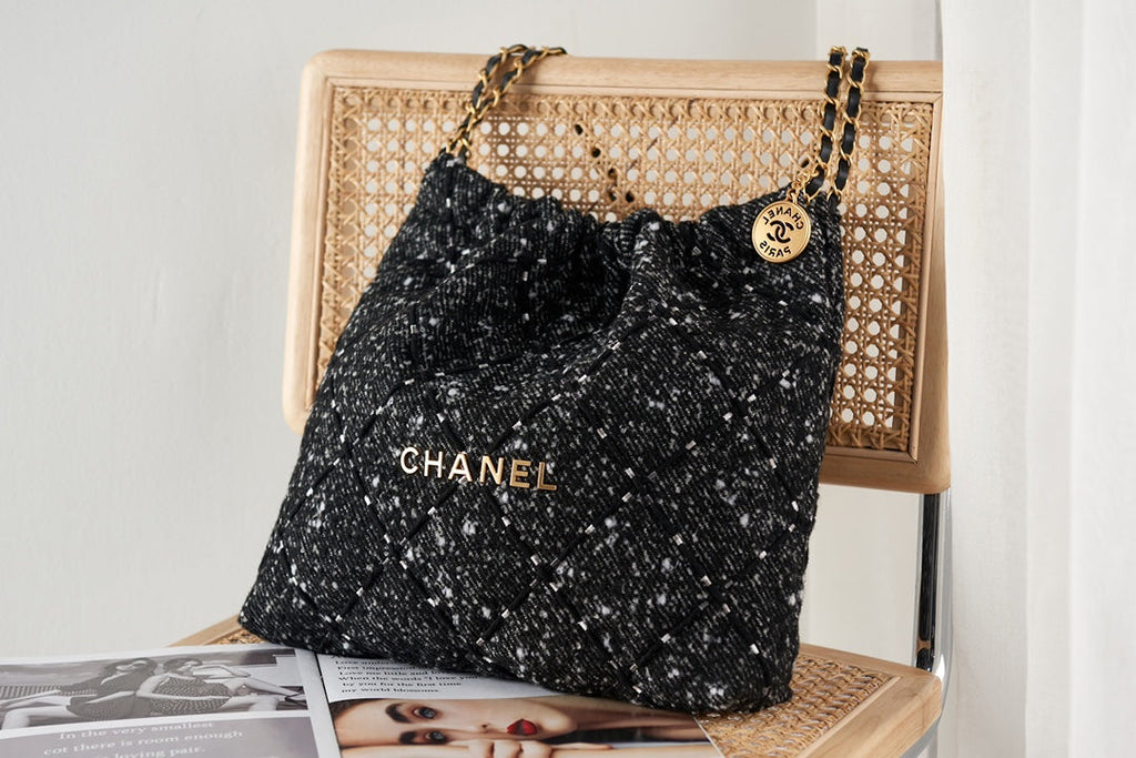 Chanel 22 Handbag AS3260 Tweed Gold Metal Black Burgundy