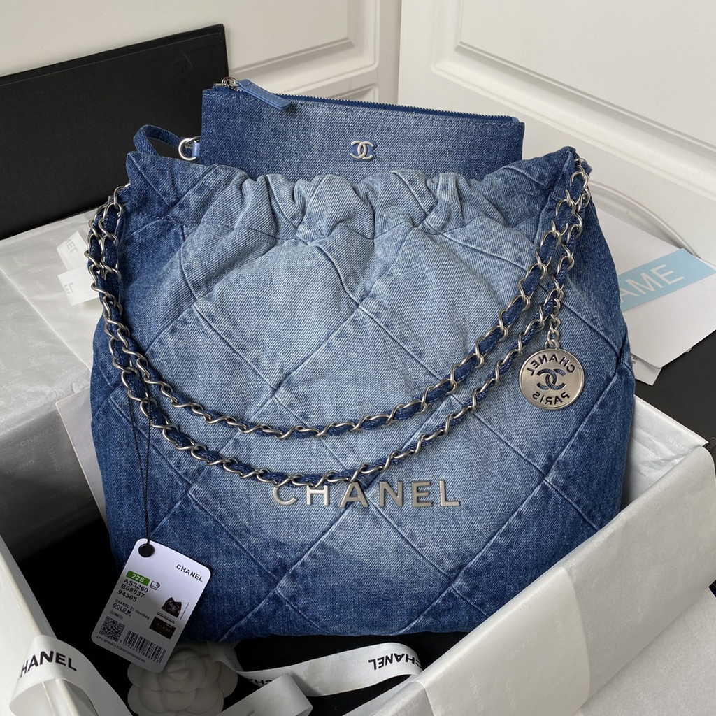 Chanel 22 Handbag AS3260 Washed Denim Light Blue