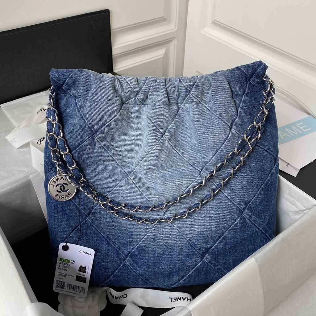 Chanel 22 Handbag AS3260 Washed Denim Light Blue