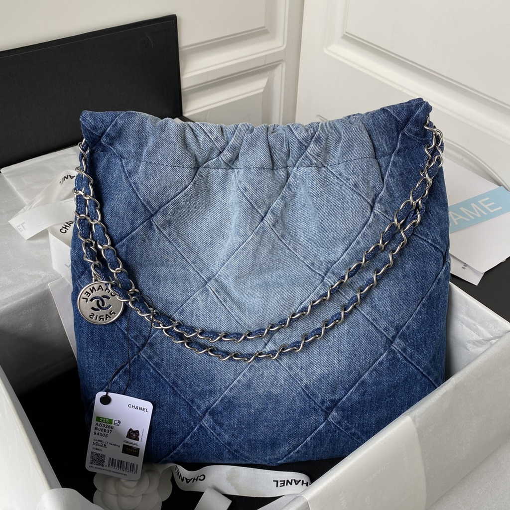 Chanel 22 Handbag AS3260 Washed Denim Light Blue