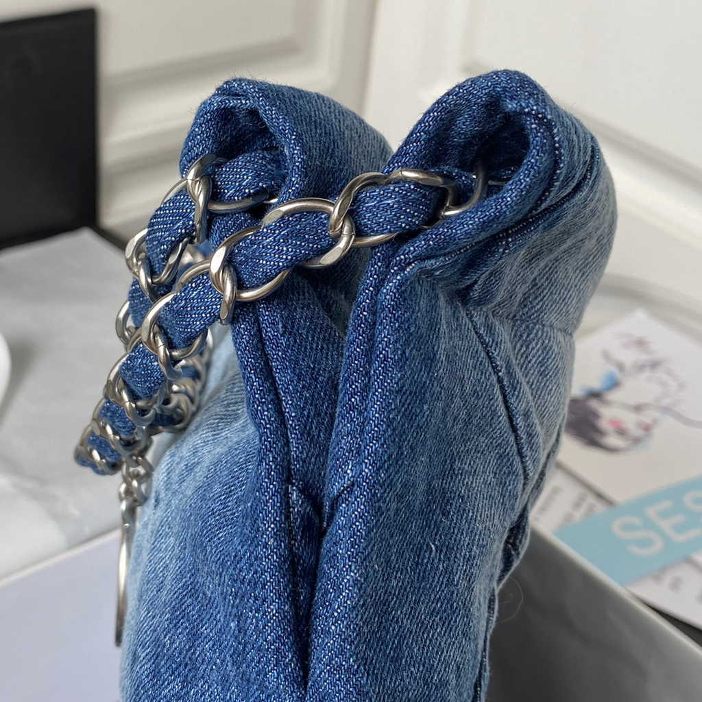 Chanel 22 Handbag AS3260 Washed Denim Light Blue