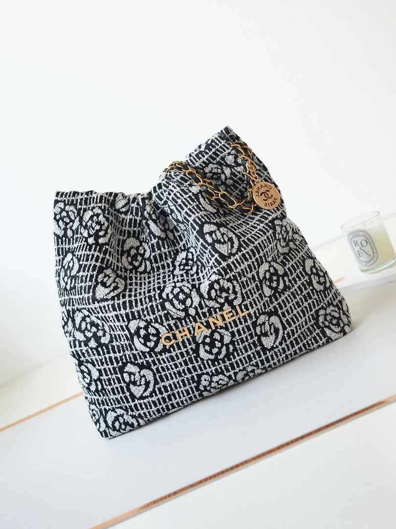Chanel 22 Handbag AS3261 Cashmere Jacquard Black White