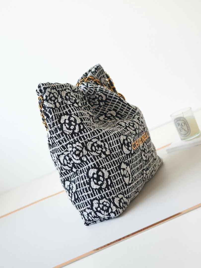 Chanel 22 Handbag AS3261 Cashmere Jacquard Black White