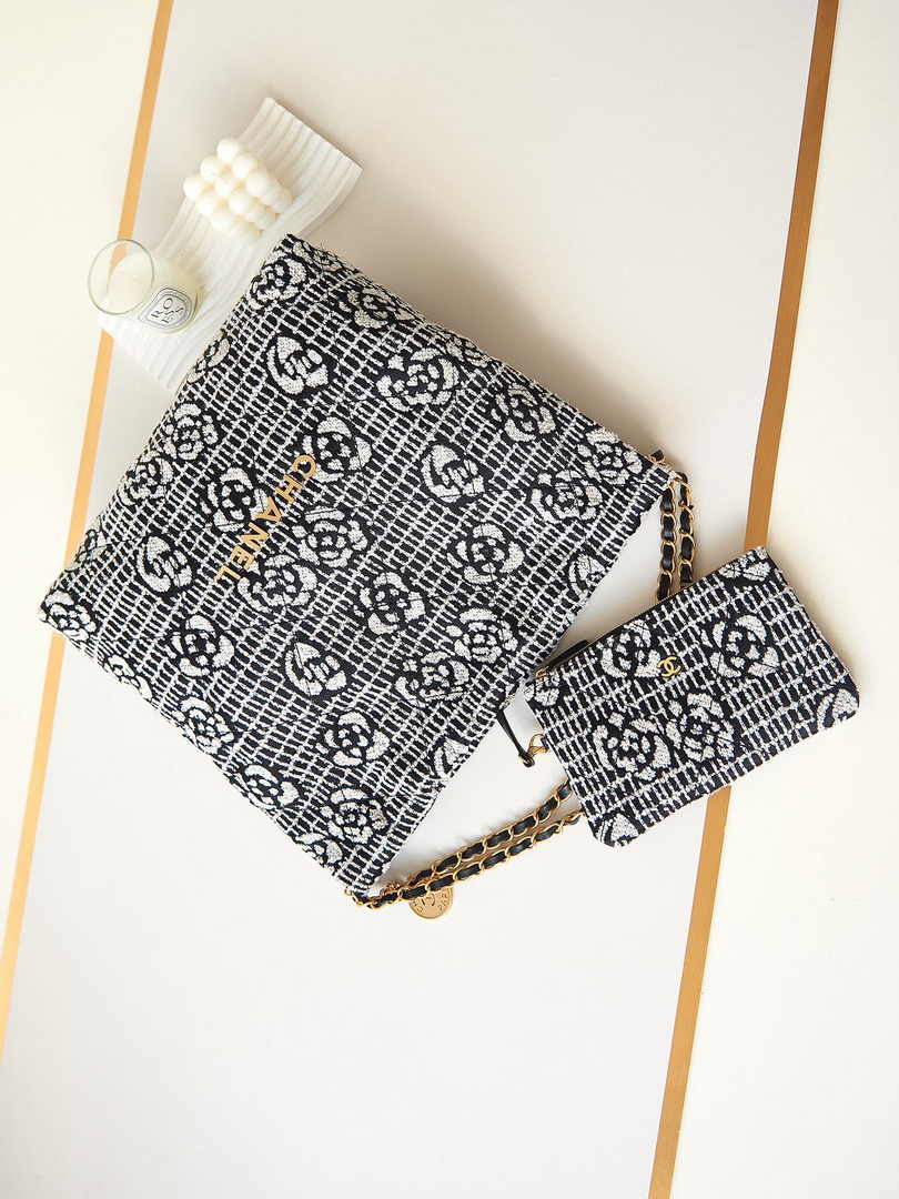 Chanel 22 Handbag AS3261 Cashmere Jacquard Black White