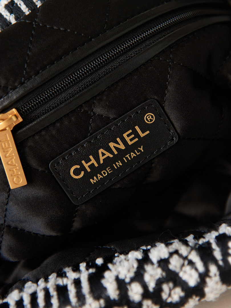 Chanel 22 Handbag AS3261 Cashmere Jacquard Black White