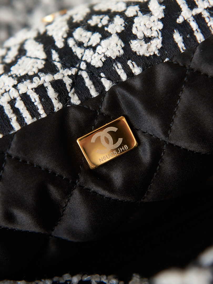 Chanel 22 Handbag AS3261 Cashmere Jacquard Black White