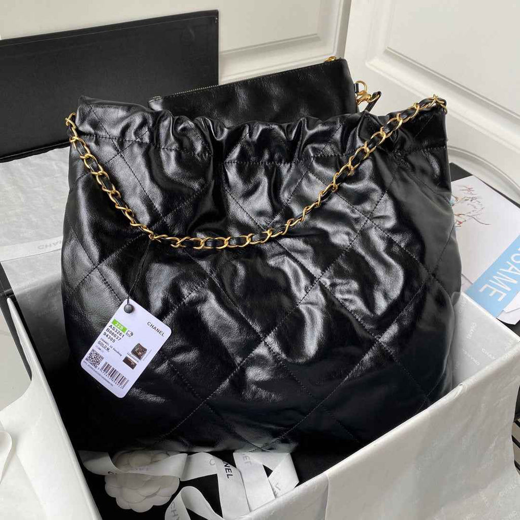 Chanel 22 Handbag AS3261 Shiny Calfskin Gold-Tone Metal Black Logo Gold