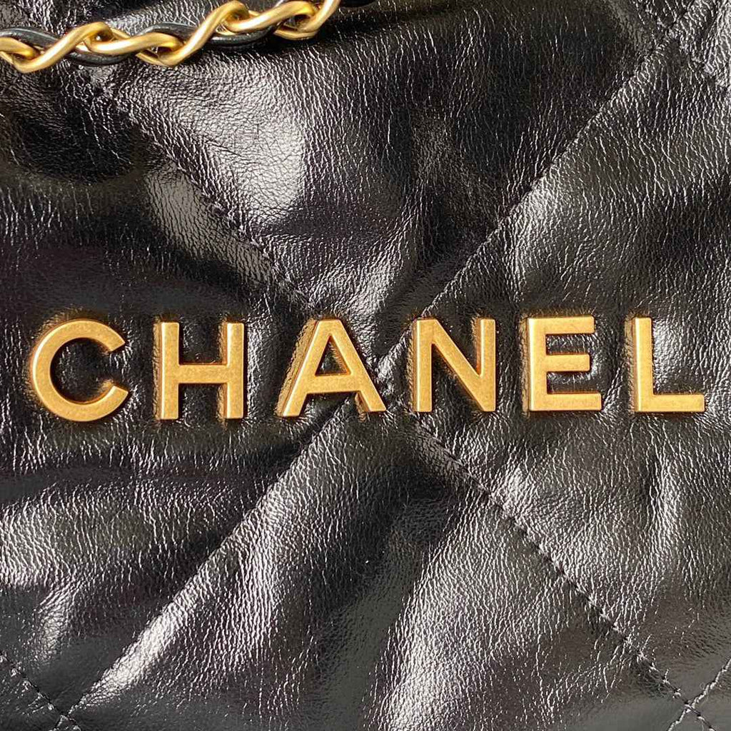 Chanel 22 Handbag AS3261 Shiny Calfskin Gold-Tone Metal Black Logo Gold