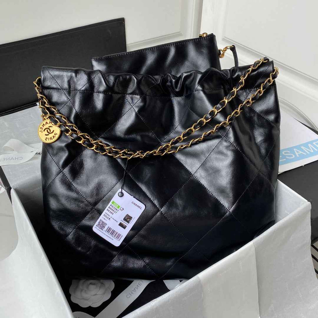 Chanel 22 Handbag AS3261 Shiny Calfskin Gold-Tone Metal Black Logo White