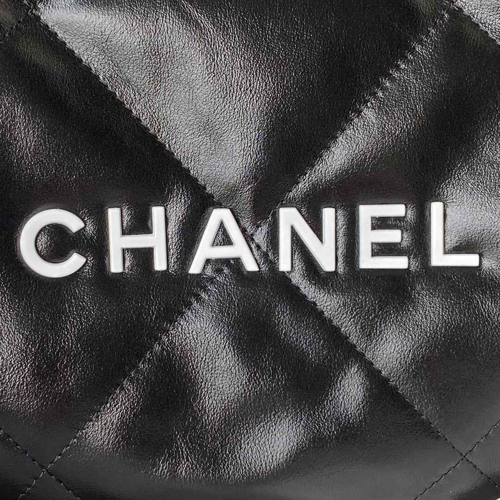 Chanel 22 Handbag AS3261 Shiny Calfskin Gold-Tone Metal Black Logo White