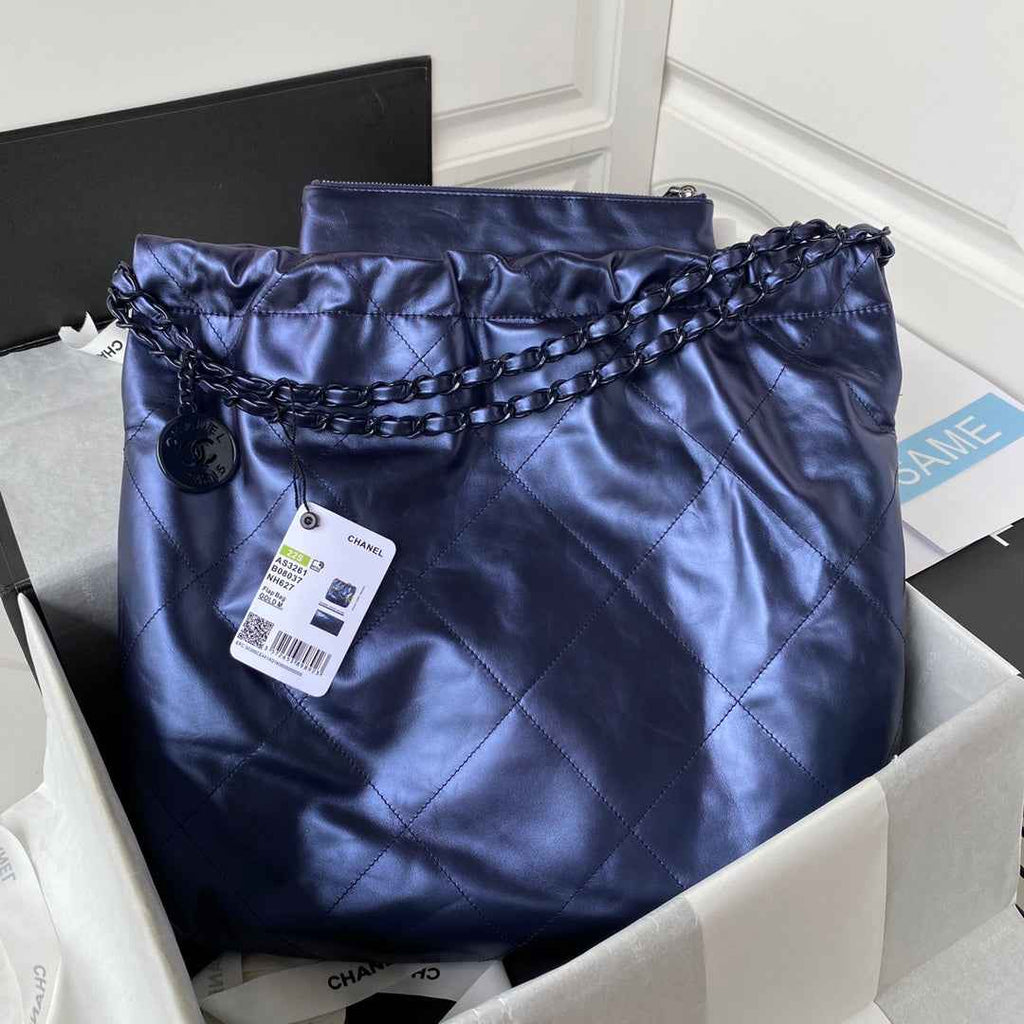Chanel 22 Handbag AS3261 Shiny Calfskin Gold-Tone Metal Blue