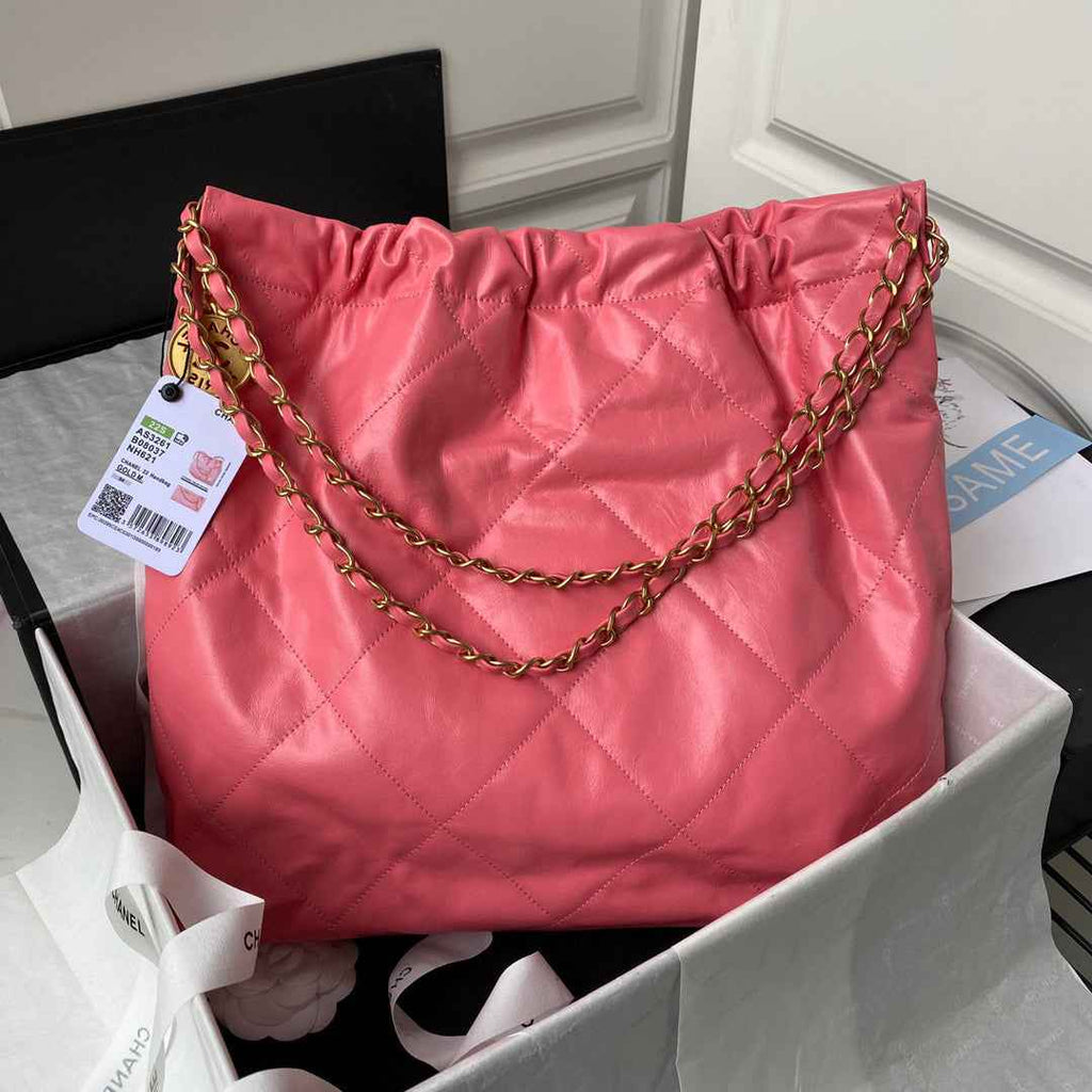 Chanel 22 Handbag AS3261 Shiny Calfskin Gold-Tone Metal Coral Pink